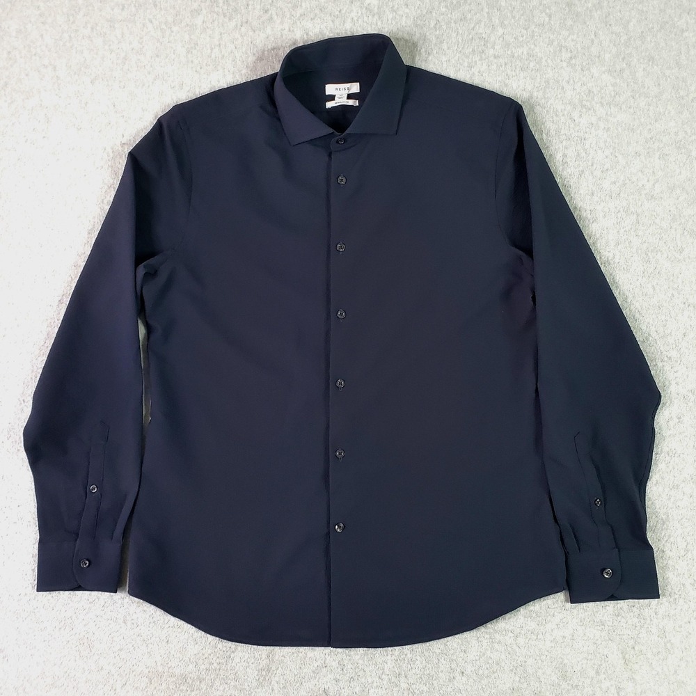Reiss Shirt Mens XL Black Solid Textured Long Sleeve Dress Shirt Regular Fit